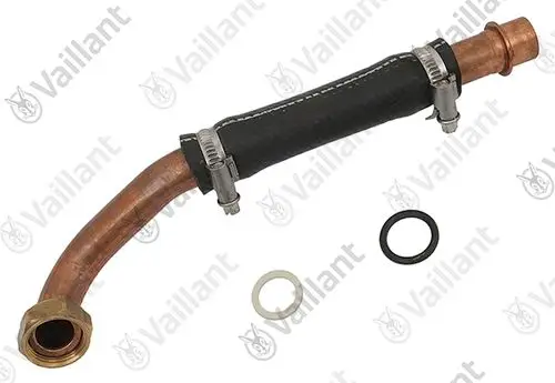 Vaillant Rohr mit gebogenem Ende, einem schwarzen Schlauch und mehreren Dichtungen sowie Schellen für die Befestigung, passend für bestimmte Heizungsmodelle.